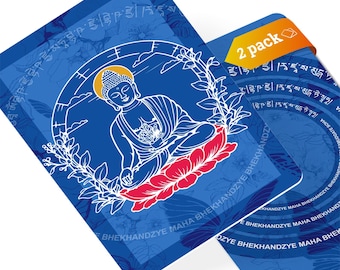 May include: Two blue cards featuring a seated Buddha illustration with a gold halo, white outline, and red lotus flower. The cards have a floral pattern and text in a circular design. One card has a "2 pack" sticker.