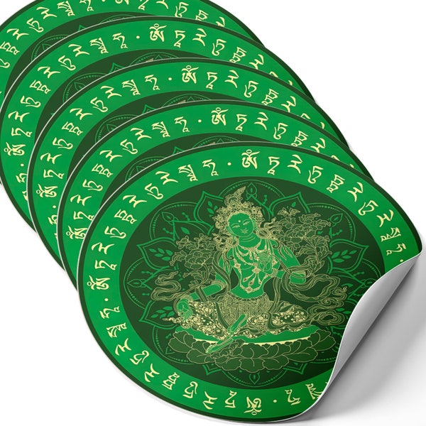 Green Tara Feng Shui Amulet Stickers, Symbol for Good Fortune and Well-Being, Feng Shui Gift, Decor Sticker, Made in USA (5 Pack)