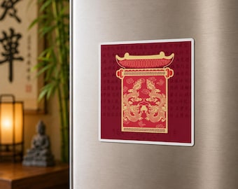 May include: A square refrigerator magnet featuring a deep red background with a subtle repeating pattern. Centered is a gold-colored graphic of a traditional scroll topped with a roof structure, displaying two intricate dragons facing each other.