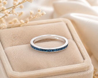 September Birthstone Ring for Women, Montana Blue Swarovski Crystal Stackable Eternity Band in Silver Tone, Dainty Gift for Her