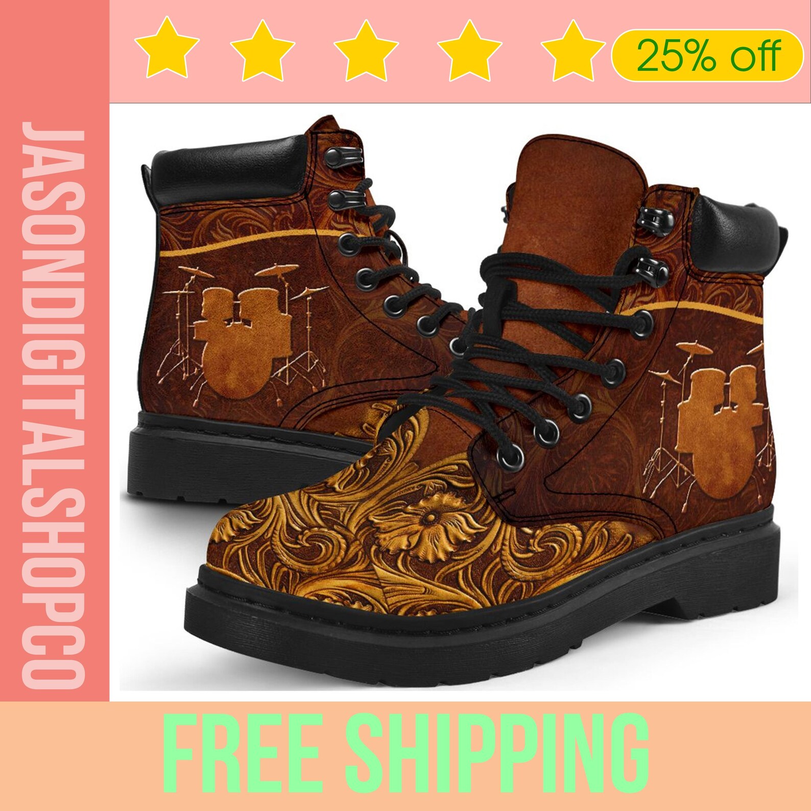 Custom drum printed leather boots Gifts for drum lovers Etsy