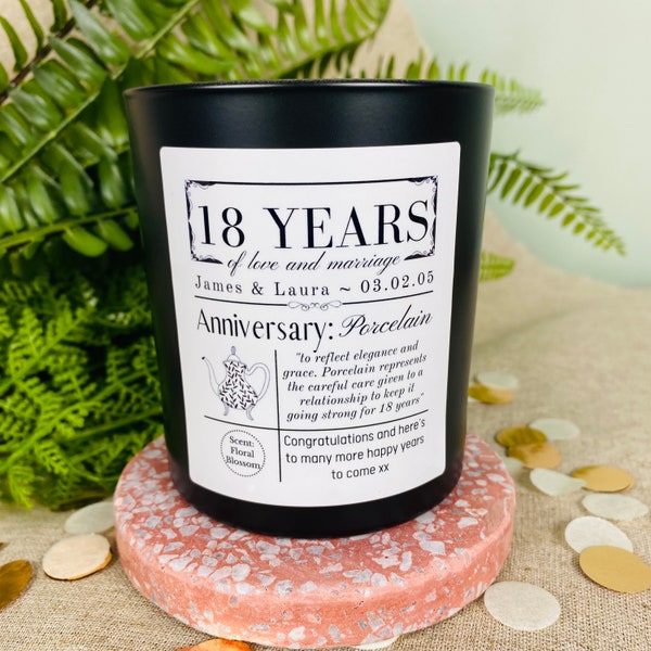 18th Wedding Anniversary Personalised Candle - Porcelain Anniversary Meaning/Definition Gift - Matt Black Glass Jar