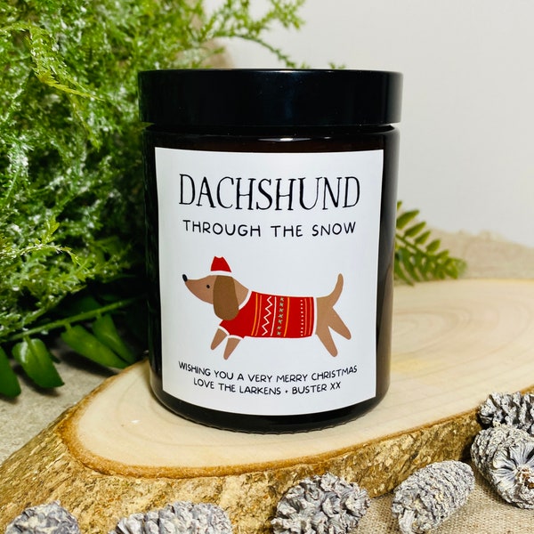 Personalised Christmas Candle Gift | Dachshund Through The Snow | Funny Sausage Dog Lover Gift | Xmas Home Candle - Amber Jar