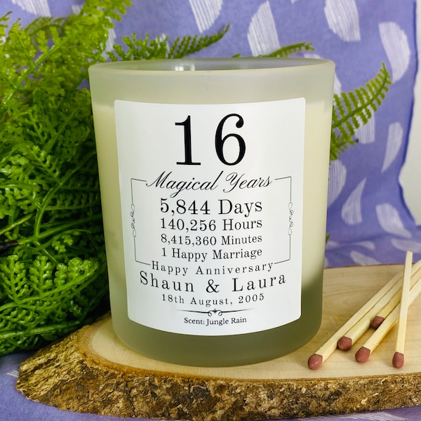 16th Wedding Anniversary Personalised Candle Gift - Couples | Parents | Wife | Husband Magical Wax Anniversary - Frosted Glass Jar