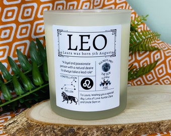 Leo Star Sign Personalised Scented Candle - Zodiac Constellation Astrology Gift - Horoscope Birthday Candles - Frosted Glass Jar