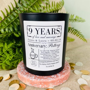 9th Wedding Anniversary Personalised Candle - Pottery Anniversary Meaning/Definition Gift - Matt Black Glass Jar