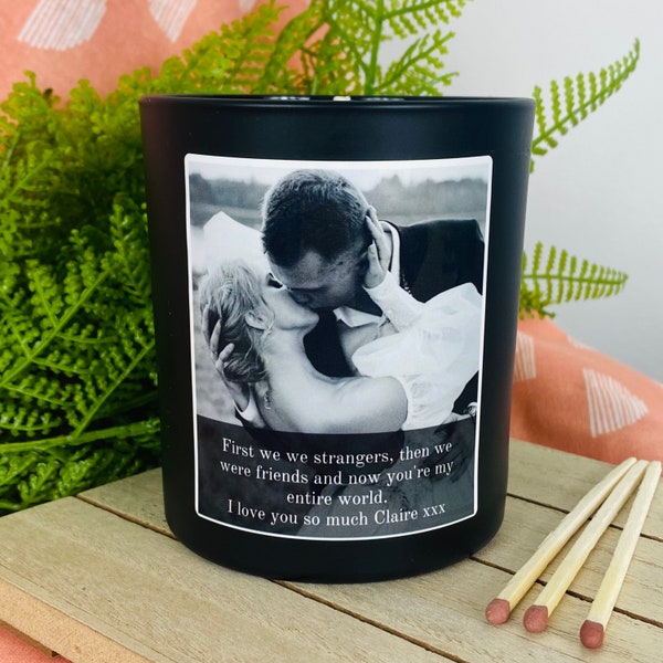 Personalised Photo Candle Gift | Bespoke | Valentines | Wedding | Bridal | Engagement | Birthday | Mothers Day Gift  - Matt Black Glass Jar