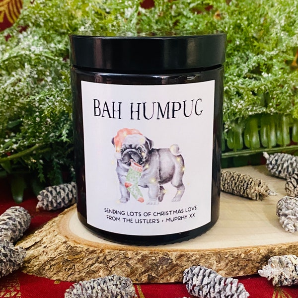 Personalised Christmas Candle Gift | Bah Hum Pug | Funny Dog Lover Gift | Xmas Home Candle - Amber Jar