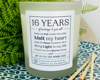 16th Wedding Anniversary Personalised Funny Candle Gift - Partner | Husband | Wife | Get on My Last Wick Wax Anniversary - Frosted Glass Jar