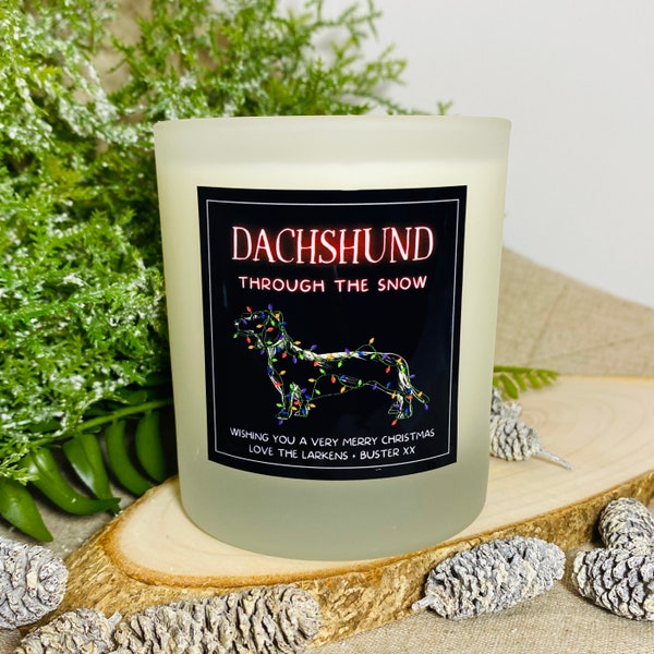 Personalised Fun Christmas Candle Gift | Neon Dachshund Xmas Present | Sausage Dog Lover Gift | Home Decoration Candle - Frosted Glass Jar
