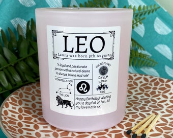 Leo Star Sign Personalised Scented Candle - Zodiac Constellation Astrology Gift - Horoscope Birthday Candles - Light Pink Glass Jar