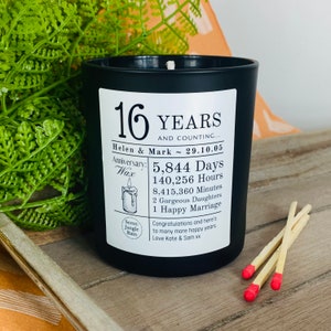 16th Wedding Anniversary Personalised Candle Gift - Couples | Parents | Wife | Husband | 16 Years and Counting - Matt Black Glass Jar