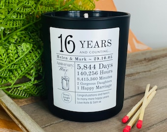 16th Wedding Anniversary Personalised Candle Gift - Couples | Parents | Wife | Husband | 16 Years and Counting - Matt Black Glass Jar