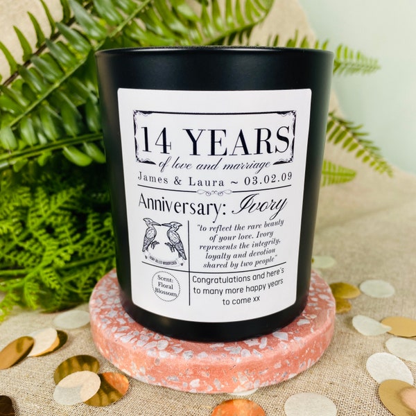 14th Wedding Anniversary Personalised Candle - Ivory Anniversary Meaning/Definition Gift - Matt Black Glass Jar