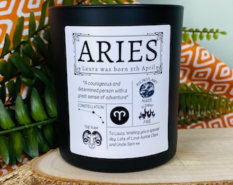 Aries Star Sign Personalised Scented Candle - Zodiac Constellation Astrology Gift - Horoscope Birthday Candles - Matt Black Glass Jar