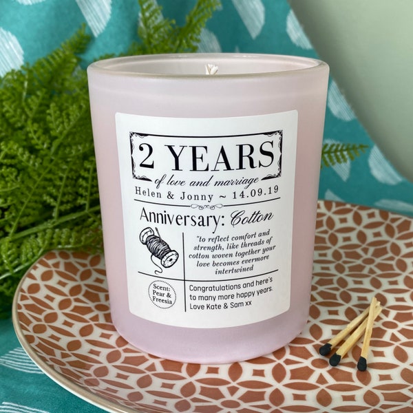 2nd Wedding Anniversary Personalised Candle - Cotton Anniversary Meaning/Definition Gift -Light Pink Glass Jar