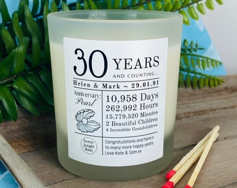 30th Wedding Anniversary Personalised Candle Gift - Pearl Anniversary Meaning for Couples | Parents | Friends - Frosted Glass Jar