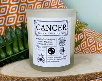 Cancer Star Sign Personalised Scented Candle - Zodiac Constellation Astrology Gift - Horoscope Birthday Candles - Frosted Glass Jar