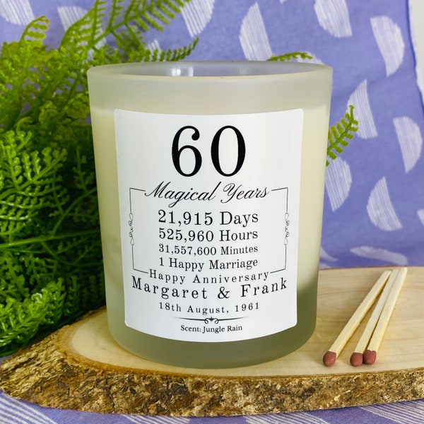 60th Wedding Anniversary Personalised Candle Gift - Couples | Parents | Wife | Husband Magical Diamond Anniversary - Frosted Glass Jar