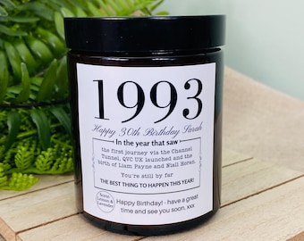 30th Birthday Personalised Funny Candle - 1993 Year You Were Born Milestone Gift For Women | For Men- Soy Wax | No Paraffin - Amber Jar