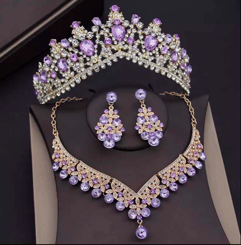 Bridal Tiara Set Purple Tiara Purple Gold Silver Necklace Etsy