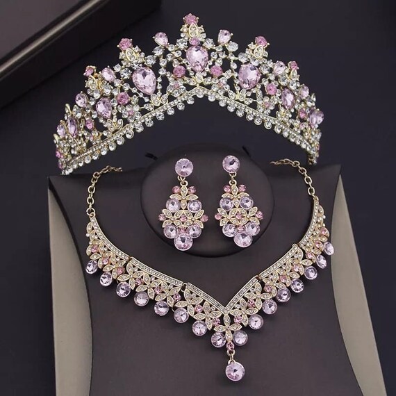 Husna Fashion Jewellery Wedding American Diamond Light Pink Necklace Set  for Women