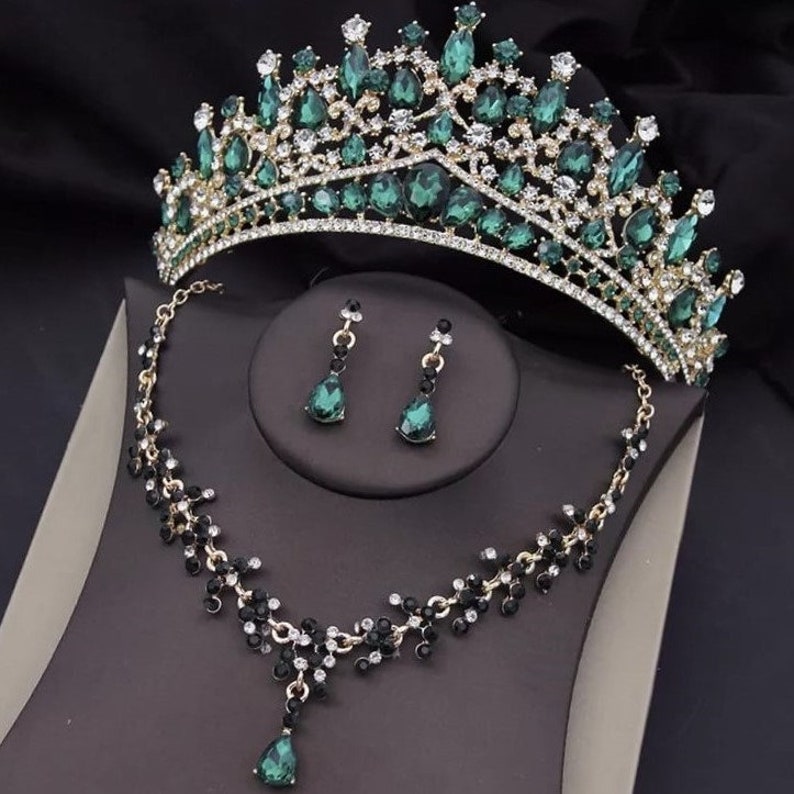 Bridal Tiara Set Green Tiara Set Green Gold Necklace Etsy