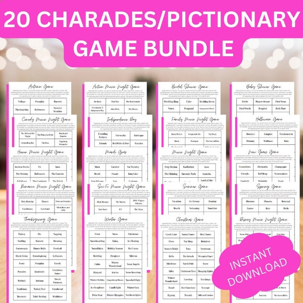 CHARADES/PICTIONARY Bundle | 20 Complete Clean Games | Instant Download | Holiday, Christmas, Bridal, Baby Shower, Seasons, Movies