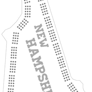 May include: A black and white outline of the state of New Hampshire with the words "NEW HAMPSHIRE" written in gray inside the outline.