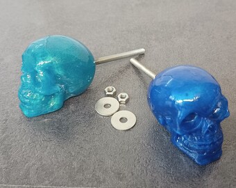 Blue Resin Skull Drawer Pulls: Gothic Cabinet Knobs