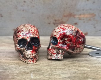 Blood Splatter Skull Knobs, Natural effect Skull Drawer Pulls