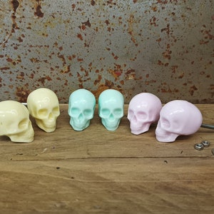 May include: Six pastel-coloured skull-shaped drawer pulls with silver screws. The skulls are in a rainbow colour order from left to right: cream, yellow, light blue, turquoise, pink, and lavender.