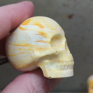 Peut inclure: Un petit crâne blanc avec des marbrures jaunes et orange. Le crâne est en céramique et a un trou en haut pour l'accrocher.