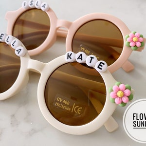 Pink Flower Girls Personalized Name Sunglasses Toddlers Kids Babies Gift With Leather Case