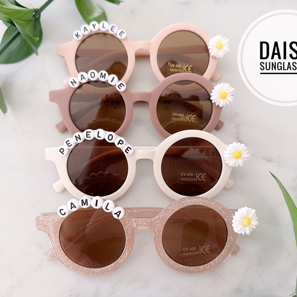 Floral Daisy Little Girls Personalized Name  UV400 Protection Sunglasses Toddlers Kids Babies Birthday Gift With Leather Case Spring Gift