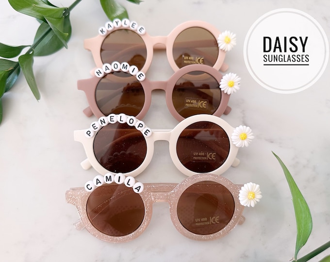 Floral Daisy Little Girls Personalized Name UV400 Protection Flower Sunglasses Toddlers Kids Babies Birthday Gift With Leather Case