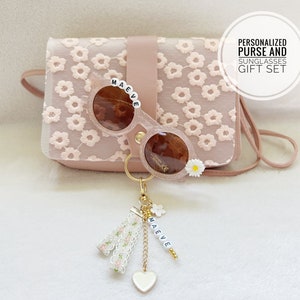 Floral Daisy Girls Personalized Name Purse Crossbody Handbag Sunglasses Toddlers Kids Babies Best Gift for 3, 4, 5 Year Old Birthday Present