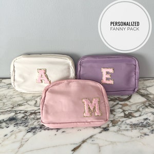Kids Adults Personalized Name Initial Fanny Pack Letter Nylon Belt Bag Chenille Patch Toddlers Kids Present Birthday Easter Gift