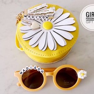 Toddler Birthday Gift Personalized Kids Purse Sunglasses Set Girls Handbag Yellow Flower Daisy Name Crossbody Easter Basket Gift