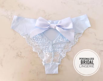 Personalized Something Blue Lace Satin Lingerie Undies Underwear Wedding Day Robe Bachelorette Best Bridal Shower Gift for Bride Honeymoon