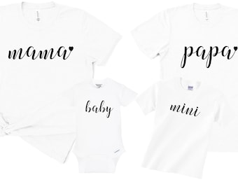 Classic Mama and Papa Heart Matching Mommy and Daddy Soon to Be Parents Shirts New Baby Announcement