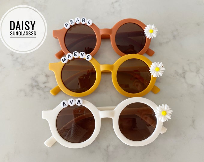 Floral Daisy Girls Personalized Name Premium UV400 Protection Sunglasses Toddlers Kids Babies Leather Case 4, 5, 6 Year Old Easter Gift