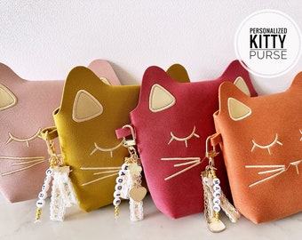 Toddler Girls Personalized Suede Cat Kitty Handbag First Purse Kids Baby Birthday Princess Flower Girl Graduation 4, 5, 6 Year Old Gift