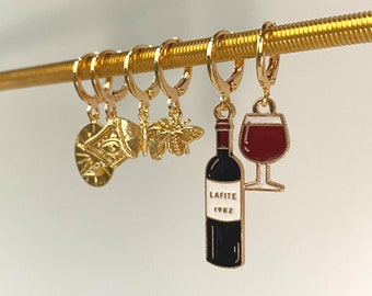 Wine Earrings 18k Gold Plated with Enamel Charm Wine Bottle & Wine Glass