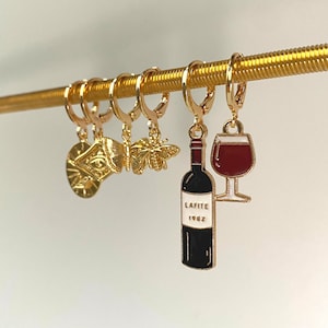 Wine Earrings 18k Gold Plated with Enamel Charm Wine Bottle & Wine Glass