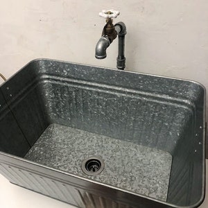 Sink & Single Temperature Faucet Rectangle Galvanized Sink Tub Rustic Farmhouse Laundry SINK, DRAIN and Single FAUCET (Unlaquered)