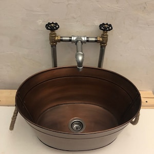 Antique Copper Plated Sink Oval Tub Farm House Sink  With Rope Handles and Drain With (Optional Hot/Cold Angle Valve Faucet) (Unlaquered)