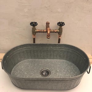 Oval Galvanized Sink Rustic Farmhouse Vessel SINK & DRAIN With Optional Copper FAUCET  (Unlaquered)