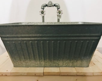 Galvanized Tub Bucket Sink, Rustic Farmhouse Laundry Sink with Faucet