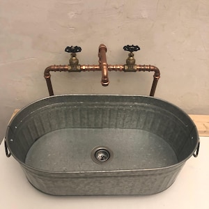 Oval Galvanized Sink Rustic Farmhouse Vessel SINK & DRAIN With Optional Copper FAUCET  (Unlaquered)